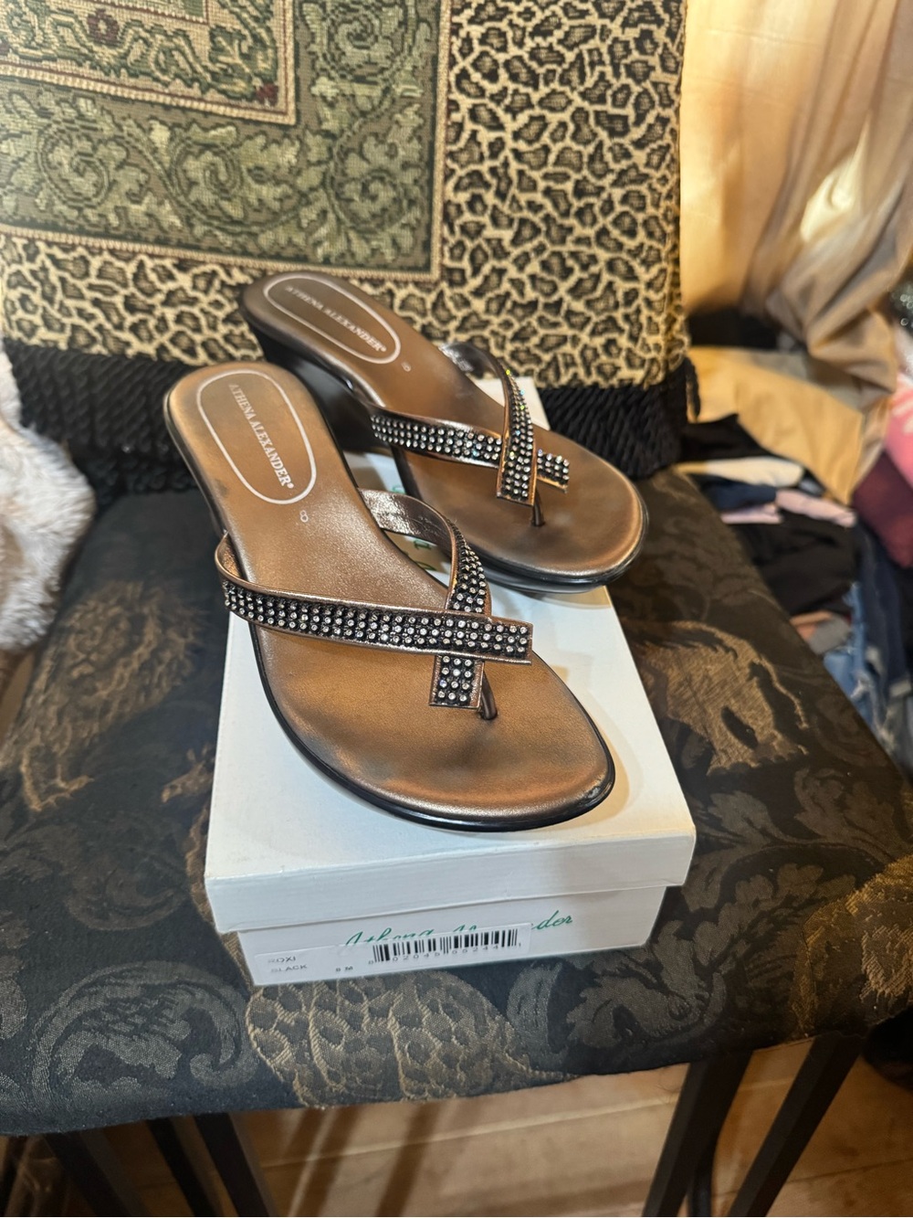 Athena Alexander Bronze Rhinestone T-Strap Flip Sandals